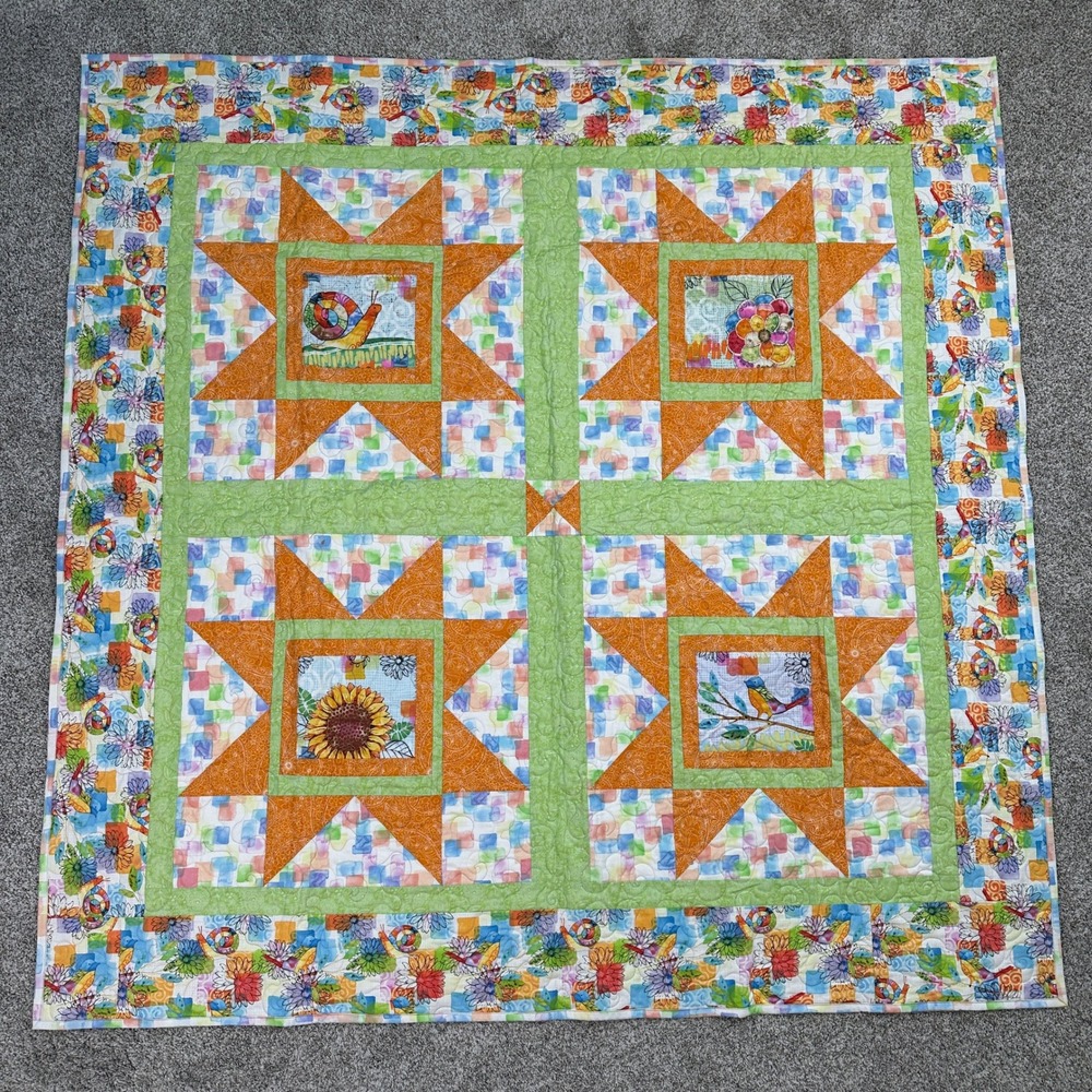 Quilt OS Patchwork Multi Color Snail Bird Sunflower Graphic Lap